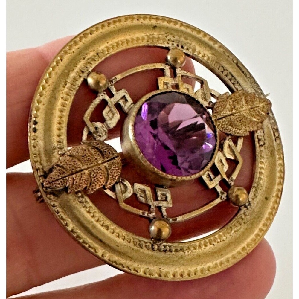 Antique Brass Victorian Brooch Purple Stone Sash Pin Mid Century Ornate Stunning